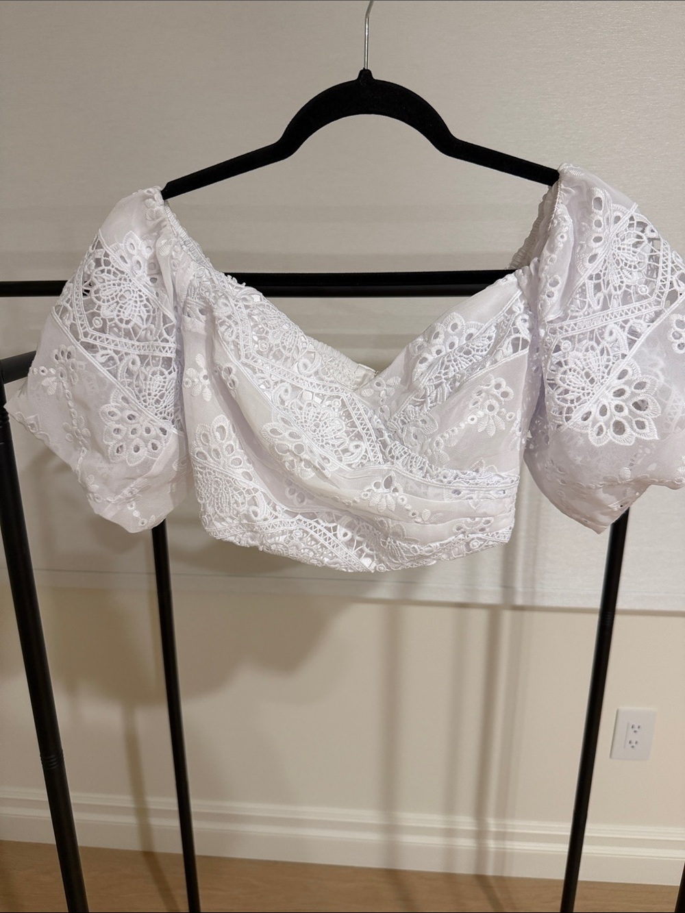 Guess by Marciano White Eyelet Lace Off-Shoulder Crop Top